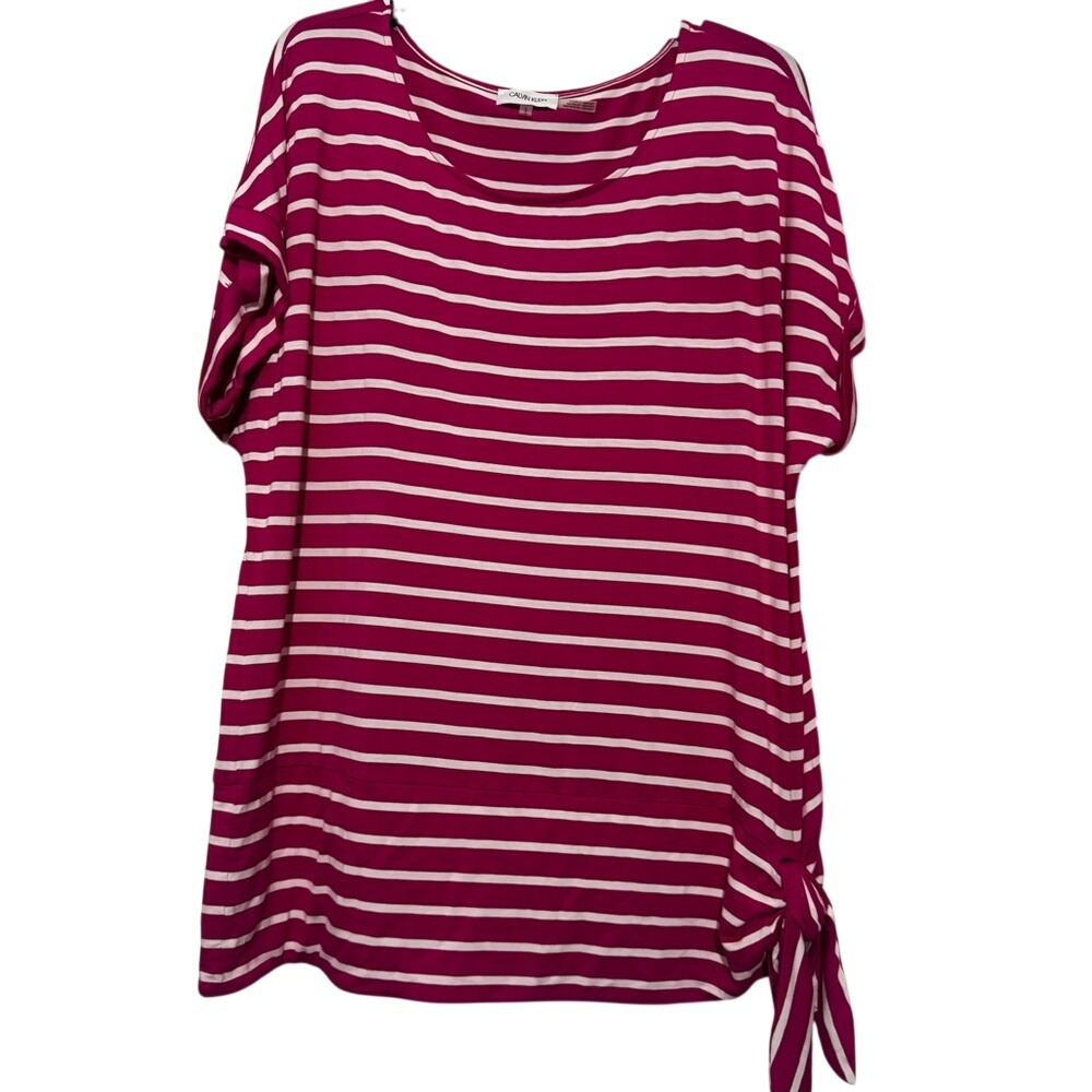 Calvin Klein Women's‎ Striped Side-Tie Top - Pink/White - Size L